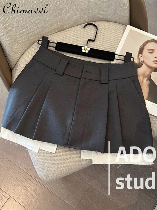2022 Summer New Retro Versatile High Waist Stitching A-line Skirt Women&#39;s Fashion Pleated Slim Fit Short Skirt for Ladies